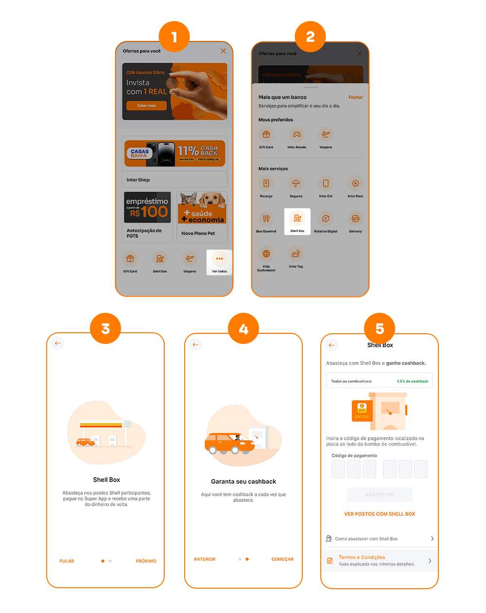 telas do app do Inter mostrando como pagar com Shell Box