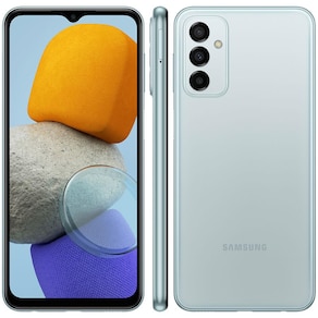 celular samsung galaxy m23 com fundo azul claro mostrando frente e costas do aparelho
