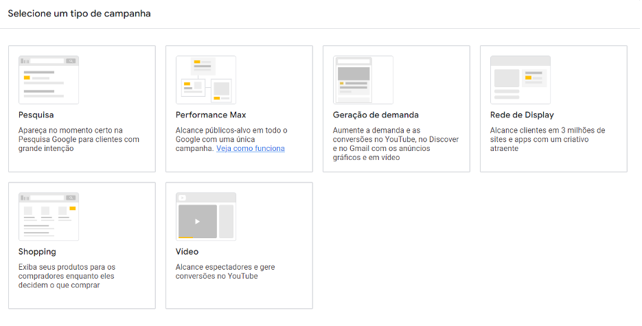 Selecionar tipo de campanha no Google Ads