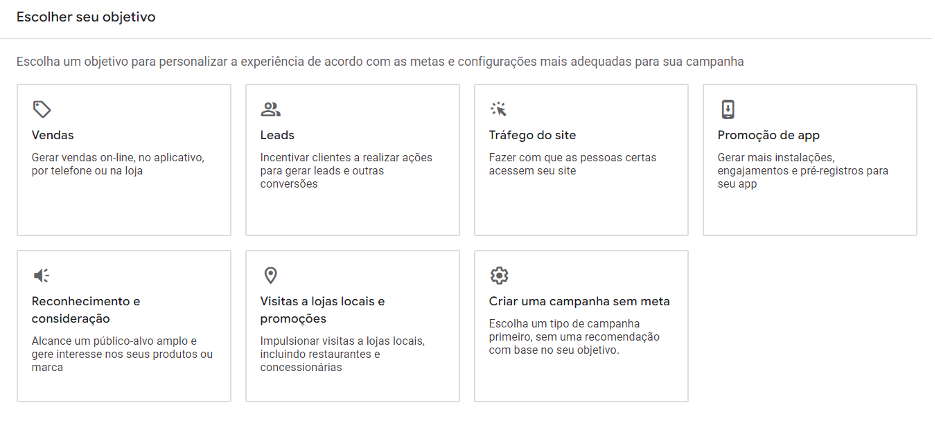 objetivos de campanha Google Ads