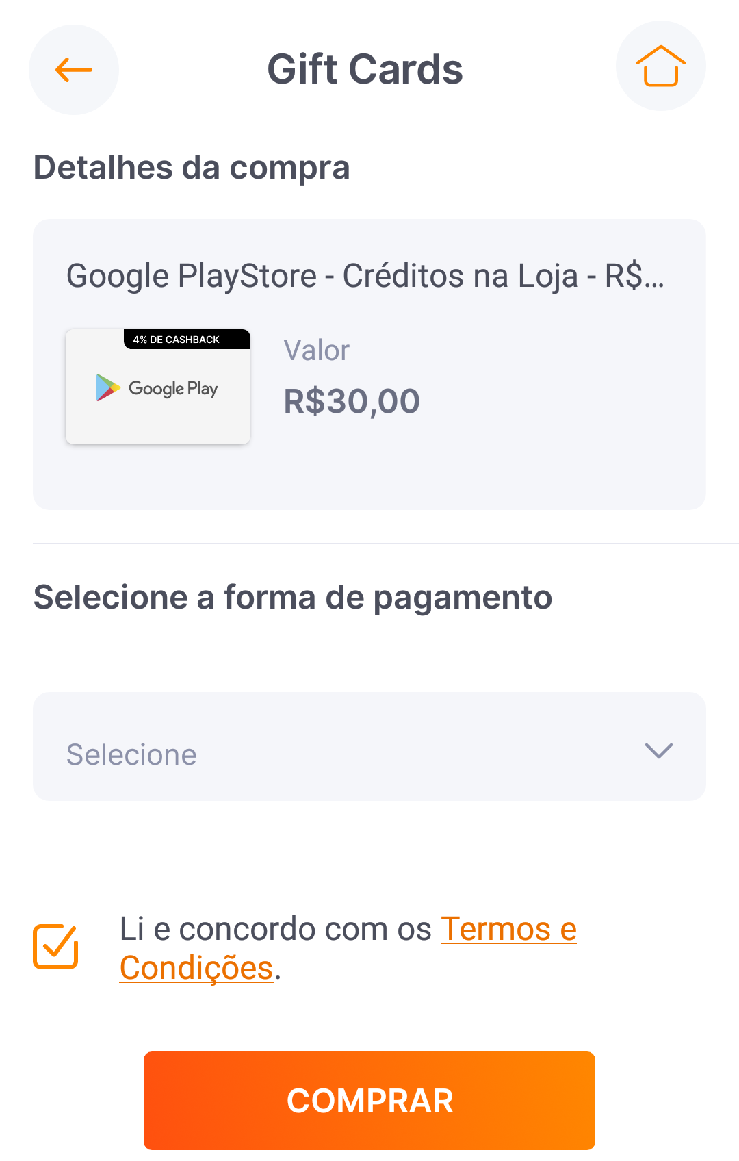 tela para comprar gift card pelo super app do Inter